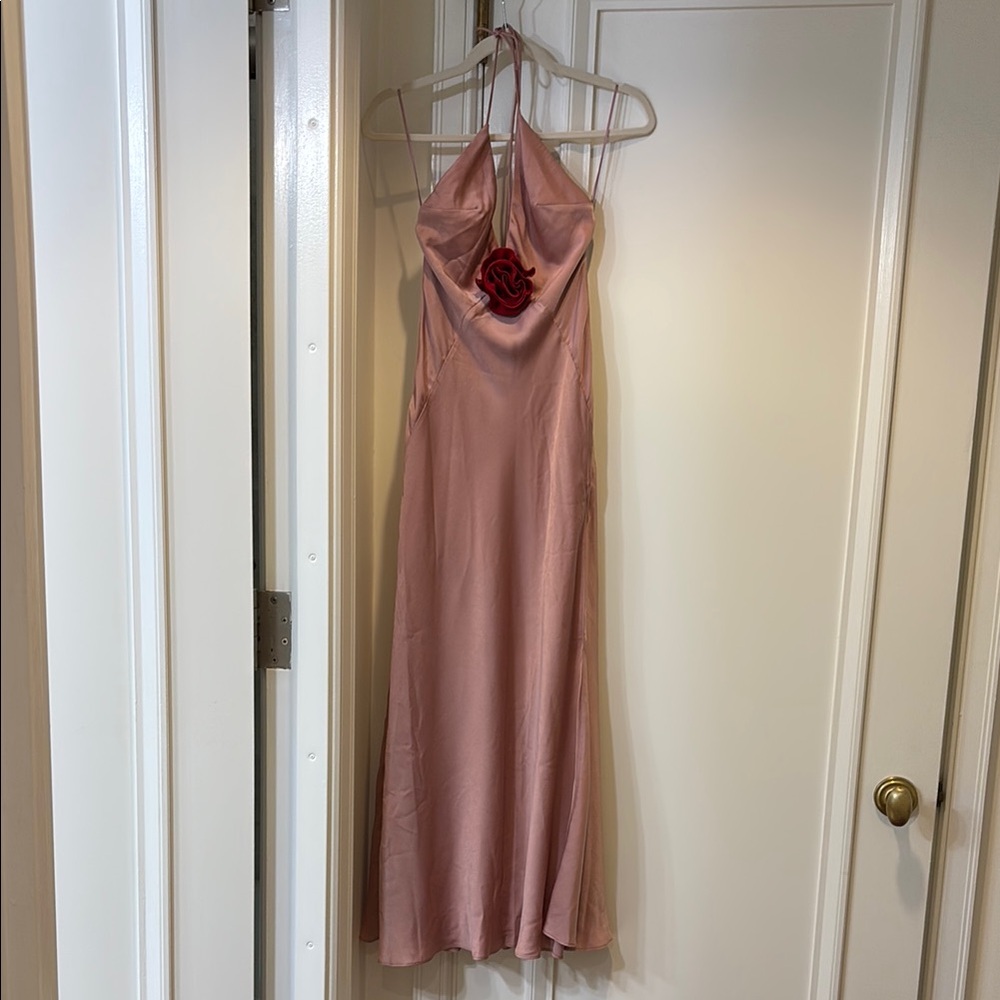 Elegant Bardot XS / 2 Pink Halter Dress w Red Rosette 🌸 🌹 NWT